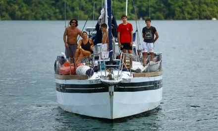 The Kira Kira: the Meder family, aboard their sailboat, in southern Brazil